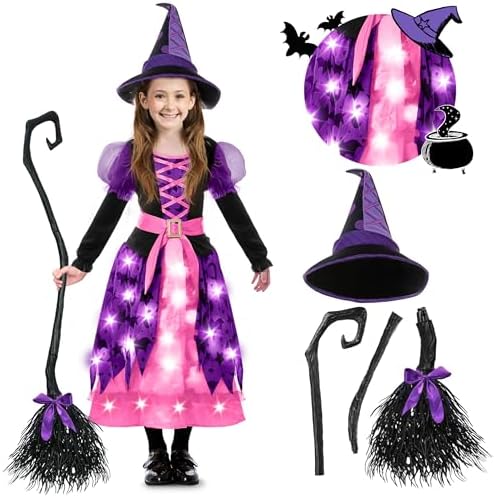 Spooktacular Creations Girls Light Up Bat Witch Tutu Costume, Toddlers Dress with Hat Broom for Kids Halloween Themed Parties