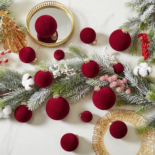 Burgundy Velvet Christmas Ball Ornaments-46pcs Shatterproof Tree Decoration