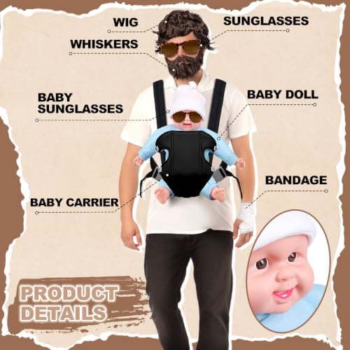 MOVINPE Hangover Costume Halloween Accessories Set, Doll Baby Carrier Brown Wig Fake Beard Moustache Crossbody Bag Sunglasses Bandage Film Character Role-Playing Cosplay Costume