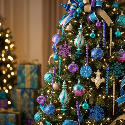 Valery Madelyn Christmas Ball Ornaments, 60ct Peacock Blue Purple Green Shatterproof Christmas Tree Decorations Set, Decorative Hanging Ornaments Bulk for Xmas Holiday Party Decor