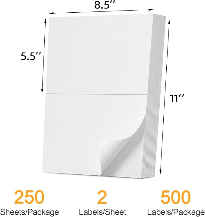 (500 Labels/250 Sheets) Labelebal Half Sheet Labels, Shipping Labels 2 Per Sheet for Laser & Inkjet Printers, 8.5" x 5.5" Address Labels, Totally 500 Pcs Half Sheet Shipping Labels