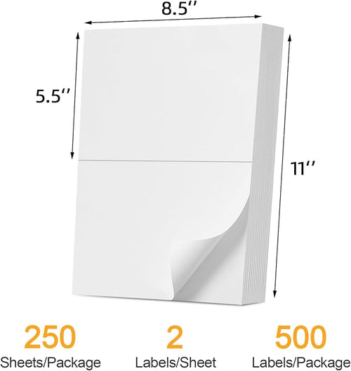 (500 Labels/250 Sheets) Labelebal Half Sheet Labels, Shipping Labels 2 Per Sheet for Laser & Inkjet Printers, 8.5" x 5.5" Address Labels, Totally 500 Pcs Half Sheet Shipping Labels