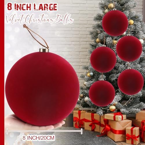 Weysat 6 Pcs 8 Inch Giant Velvet Christmas Ball Ornaments, Burgundy Red