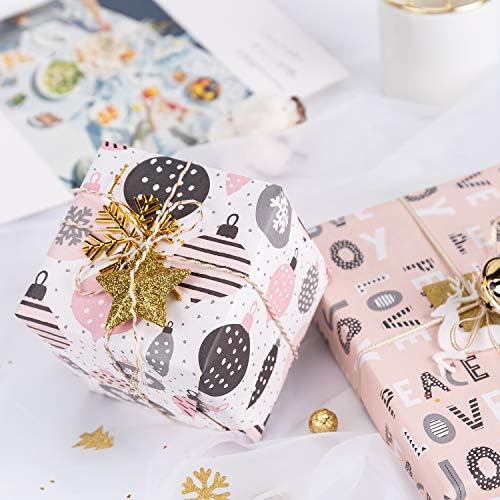 WRAPAHOLIC Christmas Wrapping Paper Set - Rustic Kraft Pink and Grey Christmas Kraft Wrapping Paper Bundle with Gift Bow & Ribbon & Tag & Sticker, Perfect for Birthday, Holiday, Party