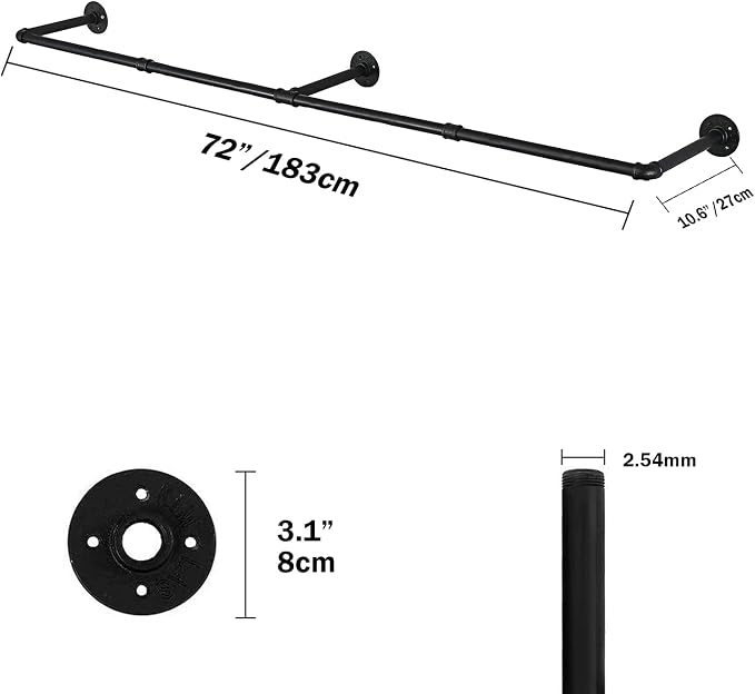 Oroonoko 72inch Industrial Pipe Clothes Rack Wall Mount For Hanging Rod Bar for Laundry Room, Closet Rod& Plant Hanger Up to Max Load 135Lb Black (72inch(1 Pack))