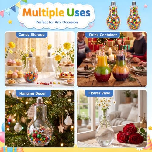 Tessco for you 36 Pcs 16.9 Oz/ 500 ml Plastic Light Bulb Jars Clear Plastic Candy Jars Bulb Vase Christmas Ornament Storage Container with Lid Fillable Ornament for Candy DIY Craft Hanging(Silver)