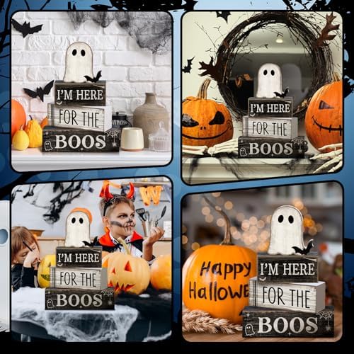 Lineshading 4 Pcs Halloween Table Decoration Ghost Wooden Tiered Tray Decor
