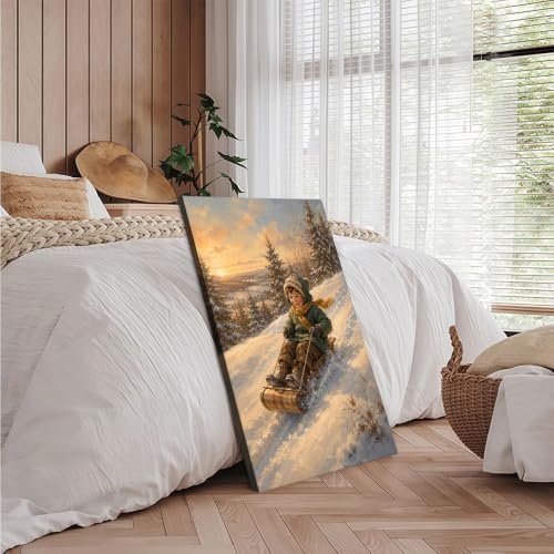 Boy Sledding in Winter Framed Canvas Wall Art, Holiday Snow Scene Decor