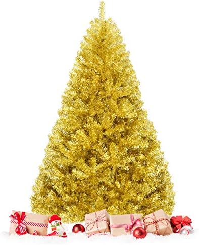 Happygrill 6FT Golden Christmas Tree Artificial Tinsel Xmas Tree with Metal Stand, 1036 Branch Tips Artificial Hinged Christmas Tree for Holiday Decoration