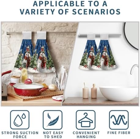 Blue Snowman Winter Kitchen Tie Towel Christmas Snow Pine Tree Birds Kitchen Hand Towels with Hanging Loops Xmas Farmhouse Bath Towel Soft Absorbent Fingertip Dish Tie Towels Set of 2