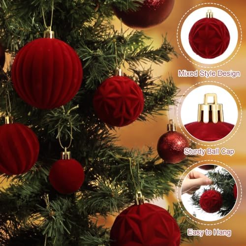 Civaner 52 Pcs Velvet Christmas Ball Ornaments Flocked Christmas Tree Hanging Ornaments 3 Assorted Size Shatterproof Xmas Ball Decorations Set for Xmas Holiday Winter Party Decor (Burgundy)