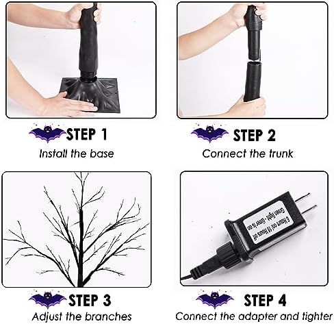 2 Pack 4FT Lighted Black Halloween Tree with 96 LED Orange & Purple Lights