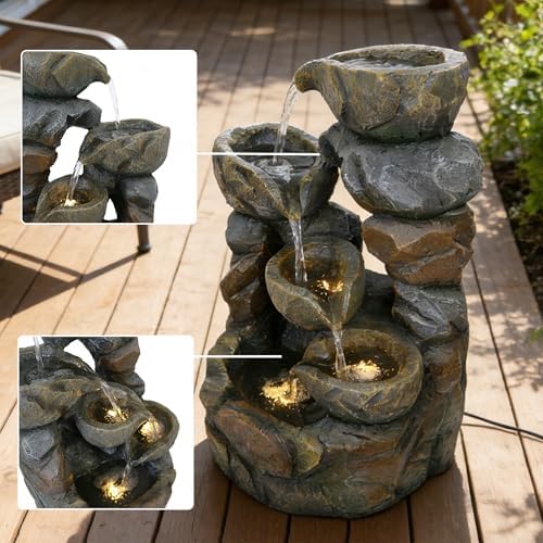 15.7" Resin Outdoor Stone Bowl Water Fountain with LED Lights