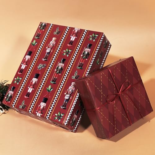 LaRibbons Nutcracker Christmas Wrapping Paper, Red Gold Foil Argyle Plaid