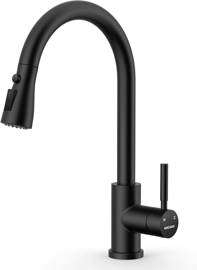 WEWE Pull-Down Kitchen Faucet, 1-Hole for Commercial, Laundry, RV Sinks | 20" Pull-Out Hose Gives Flexible Coverage, 3 Spray Modes, Lead-Free SUS304 Stainless, Tool-Free Twist-Lock