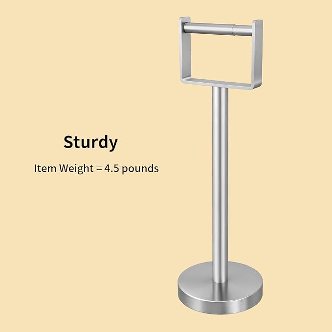 YUMORE Toilet Paper Holder Free Standing, Stainless Steel Toilet Paper Stand, Weighted Base Floor Tissue Roll Holder for Bathroom, Brushed Nickel 200UP