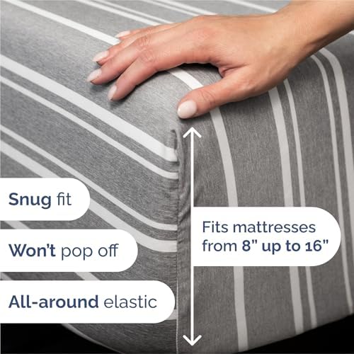 Split King Size 5 Piece Sheet Set - Breathable & Cooling - Grey Stripes