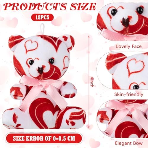 Haull 18 Pcs Valentine Heart Stuffed Animals Bears Bulk Gifts Plush Bears Bulk Mini Soft Stuffed Toys Small Cute Plush 4" for Adults Party Favors Home(Cute)