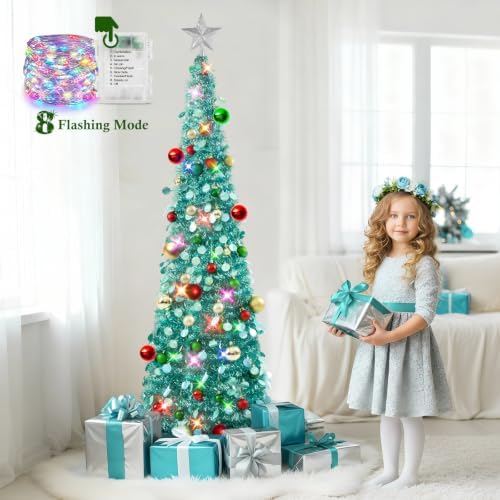 N&T NIETING Pop Up Christmas Tree with Lights & Ornaments, 5FT, Lake Blue