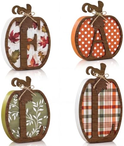 4 Pcs Fall Pumpkin Decor, Wooden Autumn Fall Decorations for Home