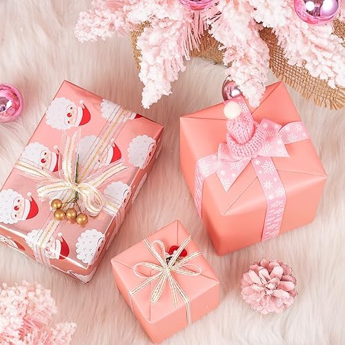 WRAPAHOLIC 30 Inch Jumbo Reversible Christmas Wrapping Paper - 30 Inch x 100 Feet Jumbo Roll Santa Claus Wrapping Paper and Solid Rose Gold Design with Metallic Foil Shine for Chrsitmas, Holiday