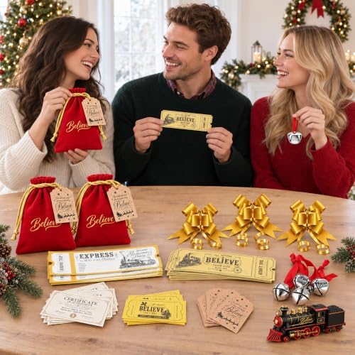 84 Pcs Christmas Believe Bell Golden Ticket Gifts Set Xmas Tree Ornaments