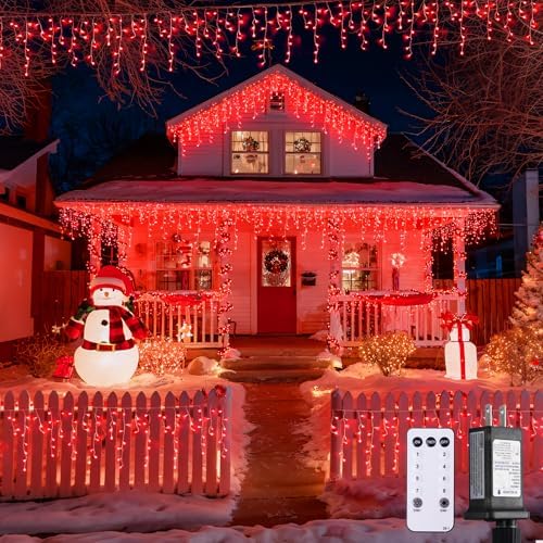 JMEXSUSS 400 LED Red Icicle Christmas Lights Outdoor