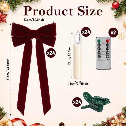 Baquler 24pcs Flameless Christmas Tree Taper Candles, LED Bow Lights Remote