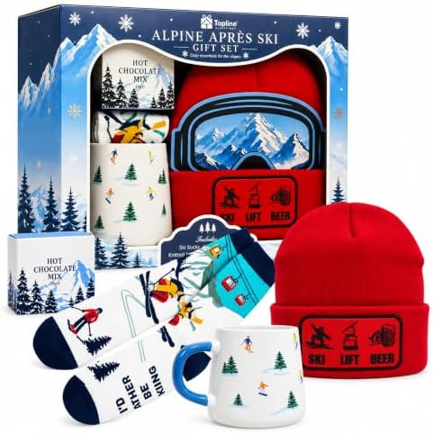 Topline Cozy Skiing Gift Set for Men – Ski Red Knitted Beanie Hat, Ceramic Mug, Cozy Socks & 20g Double Hot Chocolate Mix – Christmas Stocking Fillres, Birthday Gifts for Men, Winter Gifts for Women