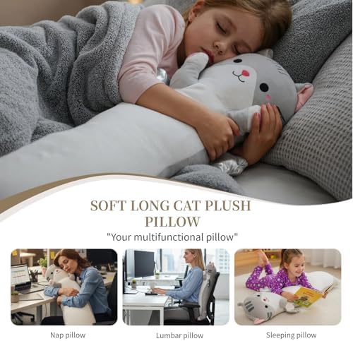 Somao 35.4" Long Cat Plush Pillow with Wings - Super Soft Stuffed Animal for Kids & Adults, Cute Body Pillow for Sleeping, Squishy Cat Plushies Gifts for Girls (Gray)