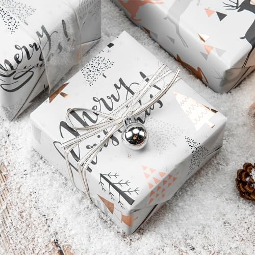 WRAPAHOLIC Christmas Wrapping Paper Set - Rose Gold and Pink Holiday Design with Metallic Foil Shine Wrapping Paper Bundle with Gift Bow & Ribbon & Tag & Sticker