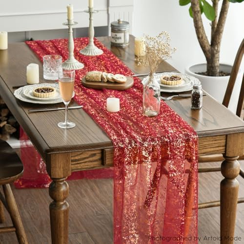 Artoid Mode 2-Pack Red Gold Gauze Table Runner 10FT, Glitter Metallic Foil Sheer Dining Wedding Anniversary Holiday Table Decor for Home Party
