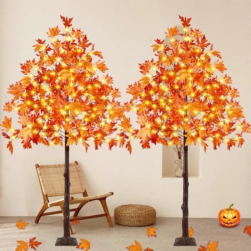 2 Pack 6FT Lighted Maple Tree 300 LED Artificial Fall Tree for Home Decor
