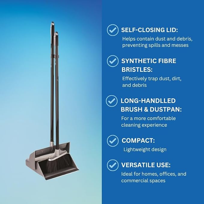 Elliott Basic Lobby Dustpan and Brush Set,Upright Sweeping Broom and Dust Pan Set Ideal for Home use,Supplied with Grey Plan and Black Handles
