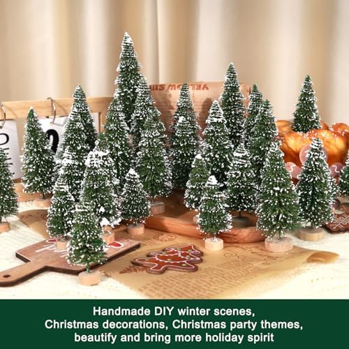 30Pcs Mini Christmas Trees Artificial Christmas Tree Bottle Brush Trees with Wooden Base for Christmas Decor Christmas Party Home Table Craft Decorations(Green-A)