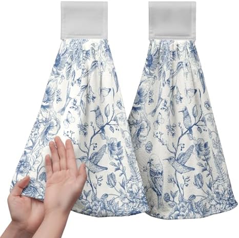 Blue Floral Bird Hanging Kitchen Towels Chinoiserie Vintage Flower Spring Summer Hand Towel with Loop Blue White Kitchen Tie Towels Dish Towel Set of 2 Soft Absorbent Hanging Bath Towel for Bathroom