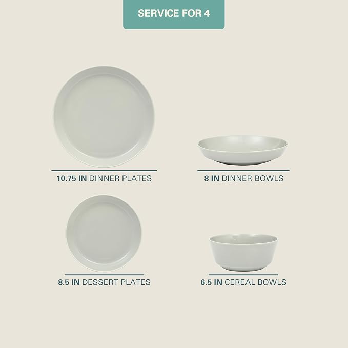 Gibson Home Summer Shades 16 Piece Plates and Bowls Dishes Service for 4 Porcelain Dinnerware Set - Grey