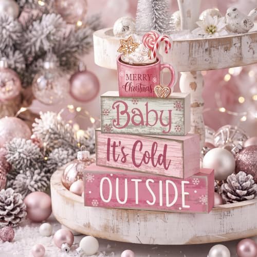Moucuny 4 Pcs Pink Christmas Table Decor Wooden Hot Chocolate Cocoa Decor