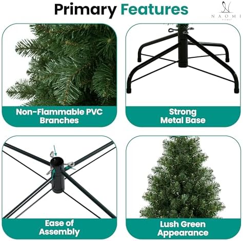 Naomi Home Lucille 7.5ft Artificial Christmas Tree – Full Body Unlit, Realistic Dense Lifelike PVC Pine Branches, 1,346 Tips, Hinged & Sturdy for Ornaments, Holiday Décor w/Stable Base