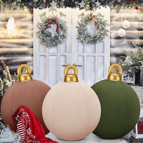 3 Pcs 32 Inch Giant Velvet Christmas Inflatable Balls, Brown, Khaki, Green