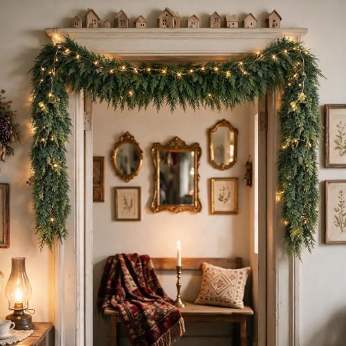 15FT Christmas Cedar Garland, Realistic Artificial Pine Greenery Garland with Flexible Wired Branches, Faux Holiday Garland for Mantle, Fireplace, Staircase, Table, Door, Indoor Outdoor Winter Decor