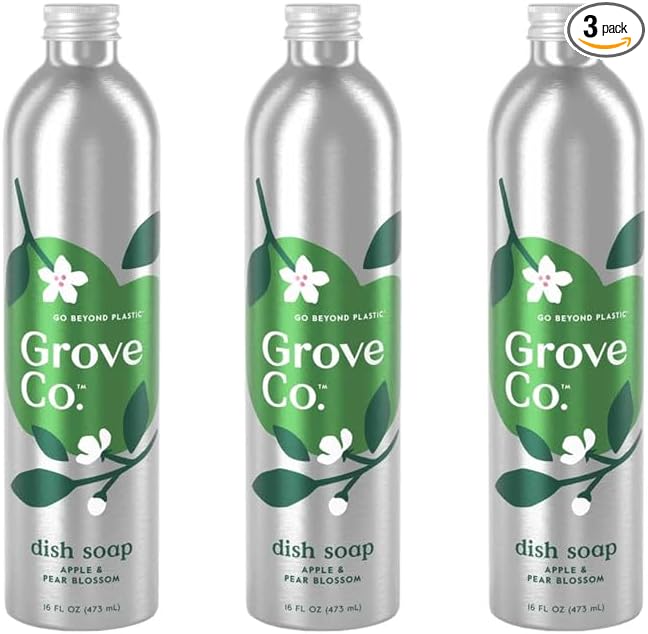 Grove Co. Hydrating Dish Soap Refill 3-Pack - High Performance Gel with Apple & Pear Blossom Scent, Plant-Based USDA Biobased Aluminum Bottles, 48 oz Total