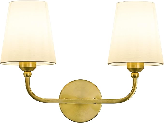 Bathroom Vanity Light, Brushed Gold Bathroom Light Fixtures, 2-Light Lighting Fixtures Over Mirror, Modern Wall Sconce with Flared White Fabric Shade, E26 Socket(ETL Listed)