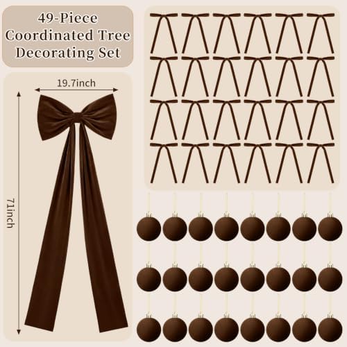 49 Pcs Chocolate Brown Christmas Tree Decoration Set with Velvet Bow Ball