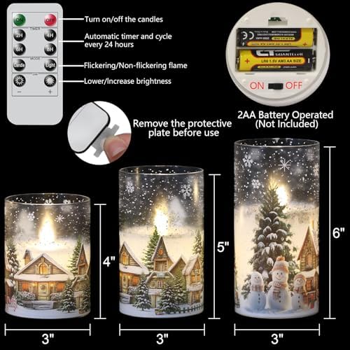 Snowman House Glass Flameless Candle Battery Operated Remote Timer