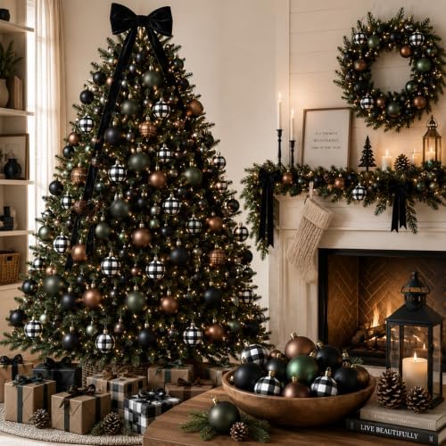 Lunmon 64 Pcs Neutral Christmas Ball Ornaments Bulk Check Brown Green Black
