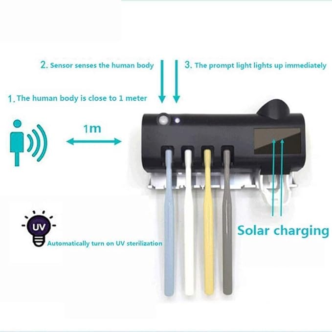 Toothbrush Cup Holder, Sanitizer Rechargeable Solar Power Disinfection Wall Mounted Automatic Toothpaste Dispenser