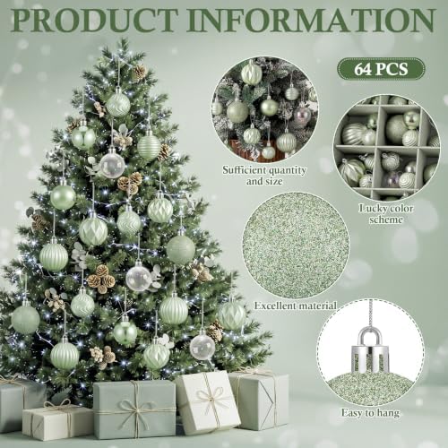 Lunmon 64 Pcs Sage Green Christmas Ornaments Iridescent White Xmas Bulbs