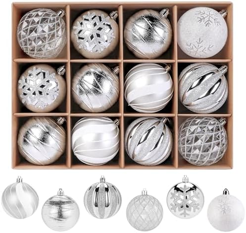 SHareconn 12ct 3.15 Inch Christmas Tree Balls Ornaments, Silver&White, 80mm