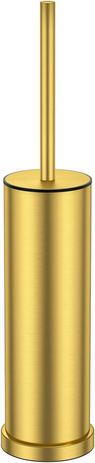 Brass Gold Toilet Brush and Holder Set，Stainless Steel Heavy Duty Toilet Bowl Brush，Extra Long Handled Modern Toilet Cleaner Brush with Replaceable Head, Removable Inner Bowl, and Splash Protection